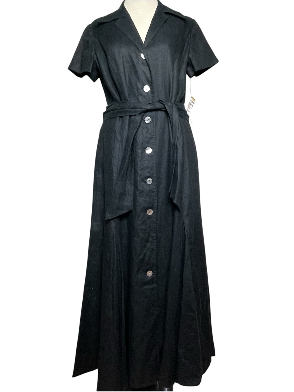 Talbots NWT Deadstock Lined Linen Button Front Dk Gray V Neck Maxi Dress Tie 12